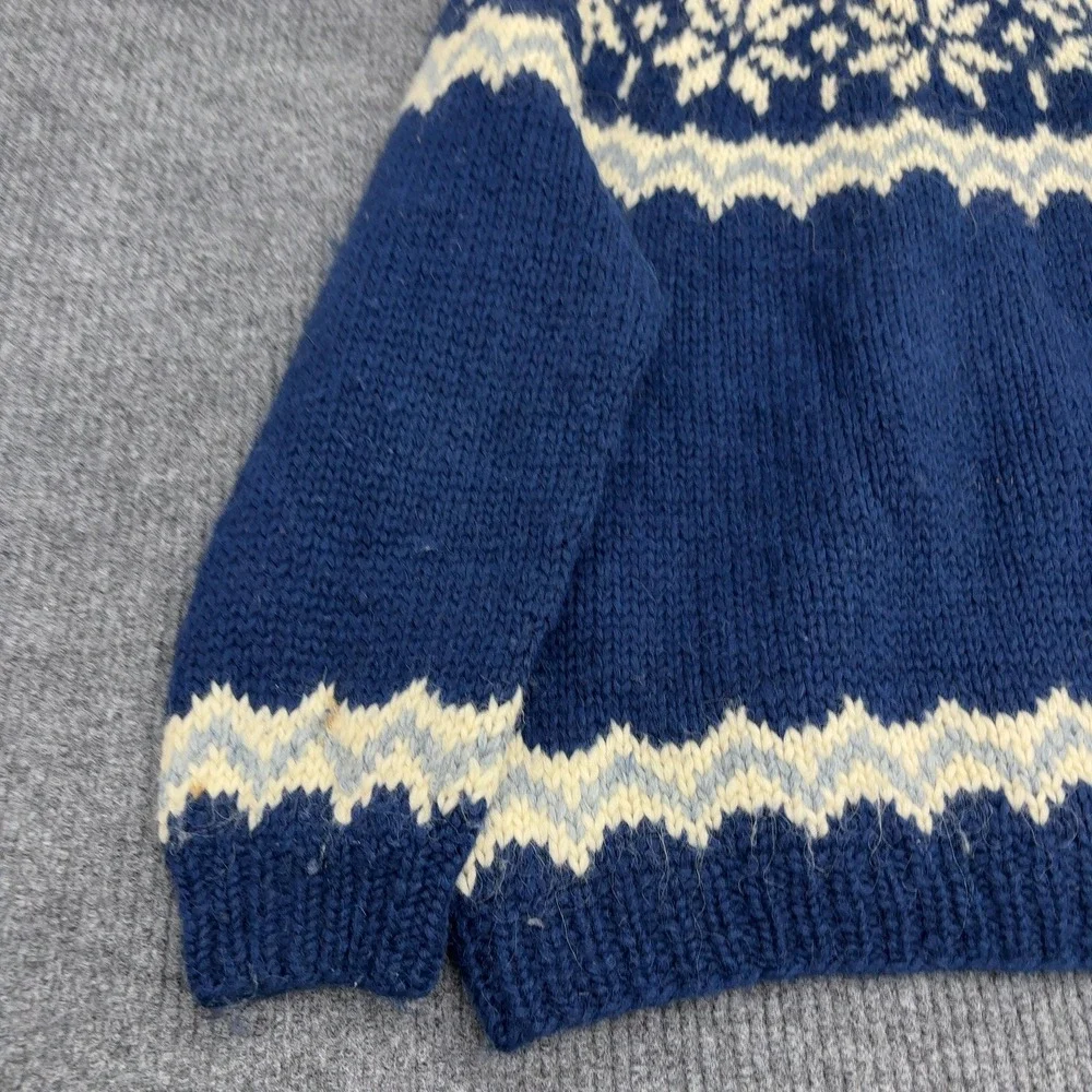 Vintage Cardigan Womens L Blue Wool Nordic Fair Isle Snowflake Chunky Boho Style